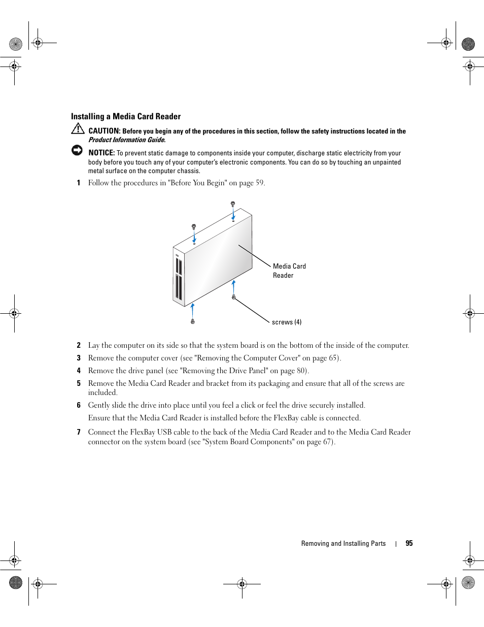Installing a media card reader | Dell Dimension 5150/E510 User Manual | Page 95 / 142