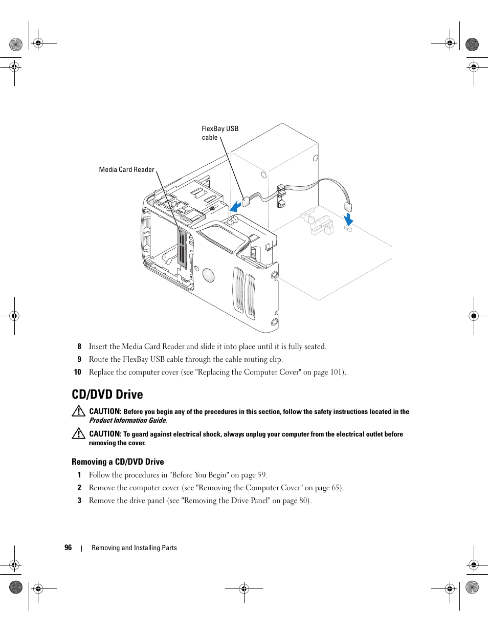 Cd/dvd drive, Removing a cd/dvd drive | Dell Dimension 5150/E510 User Manual | Page 96 / 142