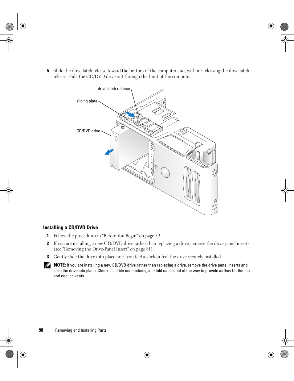 Installing a cd/dvd drive | Dell Dimension 5150/E510 User Manual | Page 98 / 142