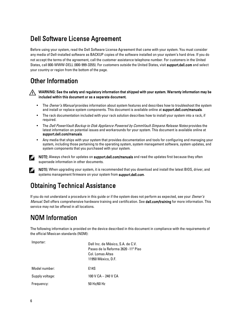 Dell software license agreement, Other information, Obtaining technical assistance | Nom information | Dell Powervault DL2300 User Manual | Page 6 / 9