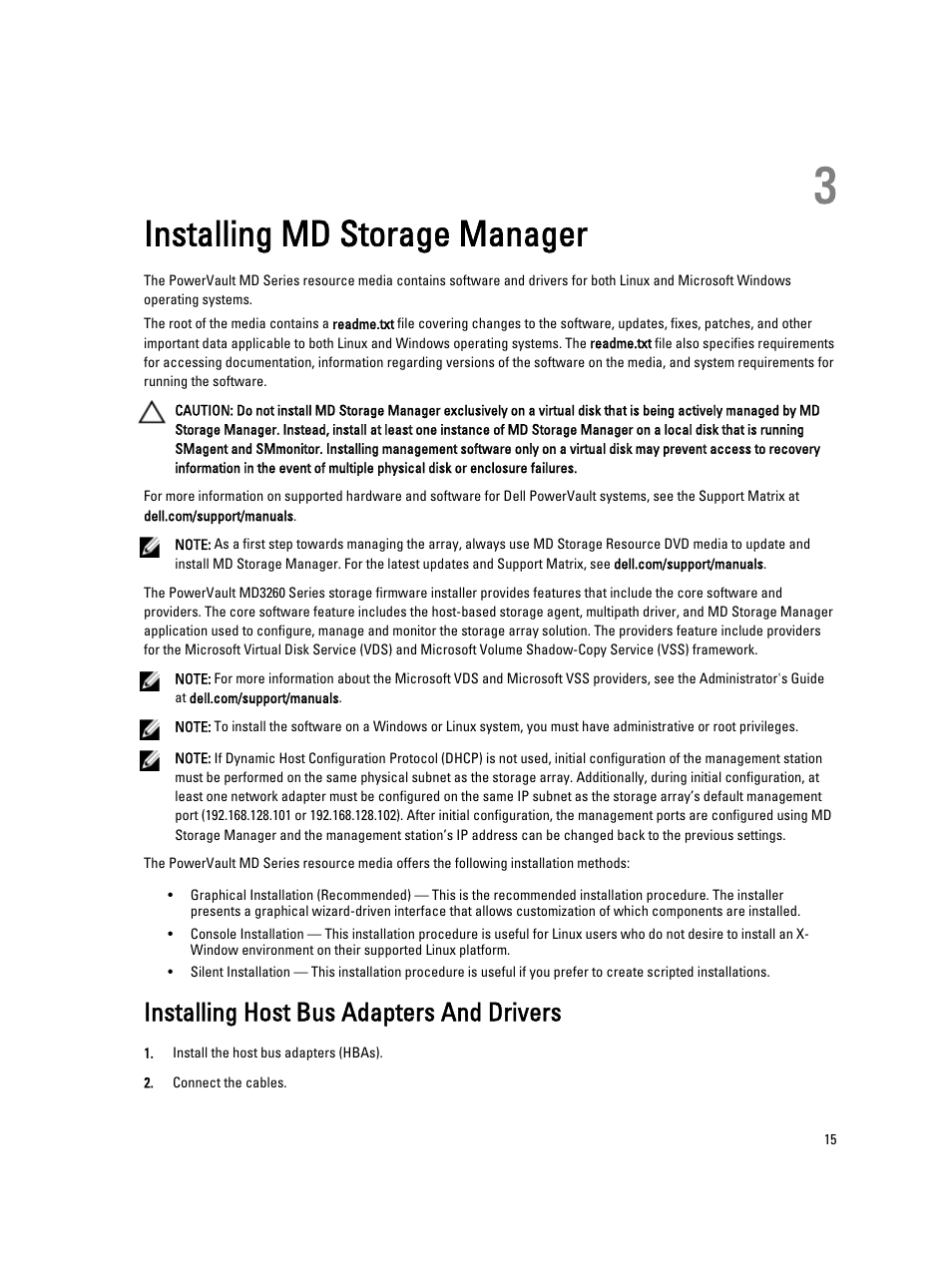 Installing md storage manager, Installing host bus adapters and drivers, 3 installing md storage manager | Dell PowerVault MD3260 User Manual | Page 15 / 24