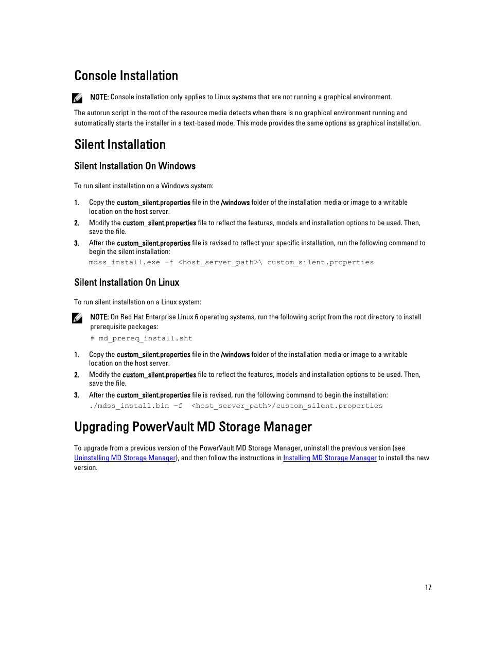 Console installation, Silent installation, Silent installation on windows | Silent installation on linux, Upgrading powervault md storage manager | Dell PowerVault MD3260 User Manual | Page 17 / 24