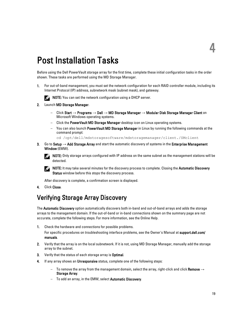 Post installation tasks, Verifying storage array discovery, 4 post installation tasks | Dell PowerVault MD3260 User Manual | Page 19 / 24