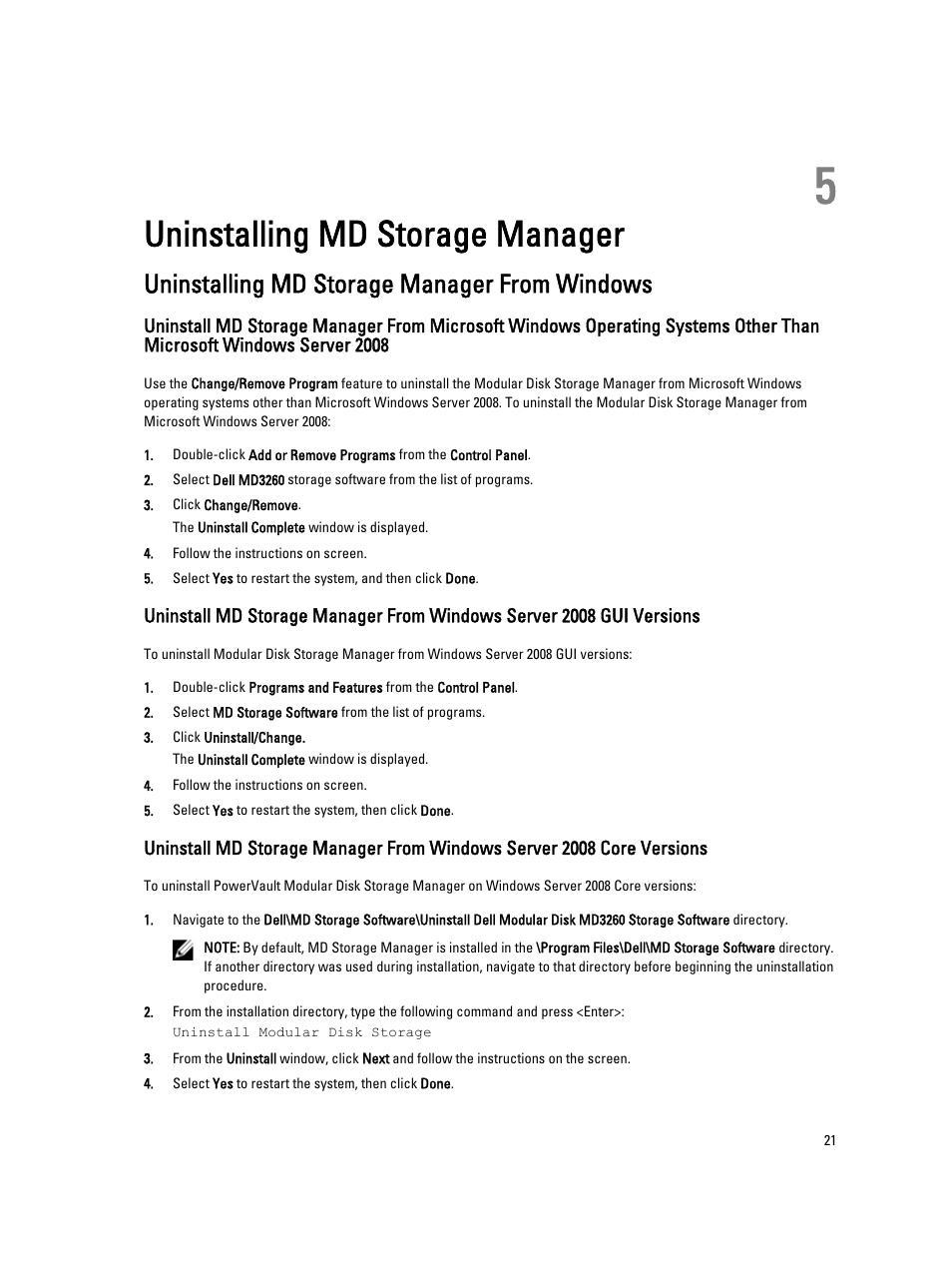 Uninstalling md storage manager, Uninstalling md storage manager from windows, 5 uninstalling md storage manager | Dell PowerVault MD3260 User Manual | Page 21 / 24