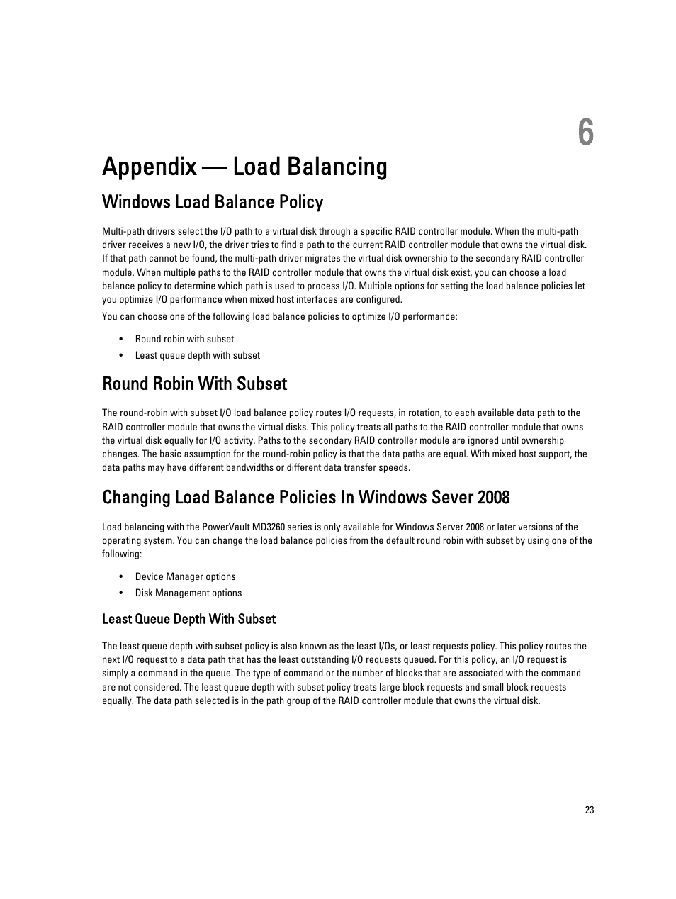 Appendix — load balancing, Windows load balance policy, Round robin with subset | Least queue depth with subset, 6 appendix — load balancing | Dell PowerVault MD3260 User Manual | Page 23 / 24