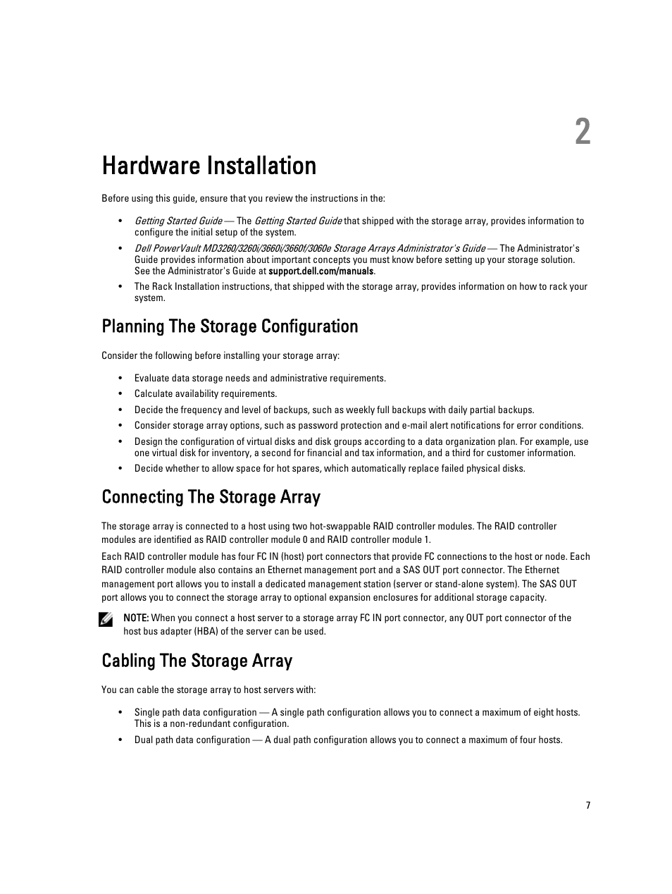 Hardware installation, Planning the storage configuration, Connecting the storage array | Cabling the storage array, 2 hardware installation | Dell PowerVault MD3260 User Manual | Page 7 / 24
