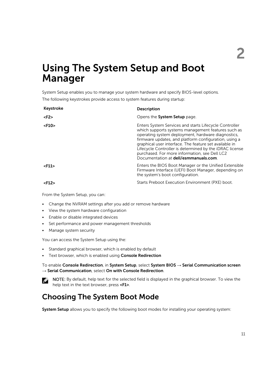 Using the system setup and boot manager, Choosing the system boot mode, 2 using the system setup and boot manager | Dell PowerEdge VRTX User Manual | Page 11 / 159