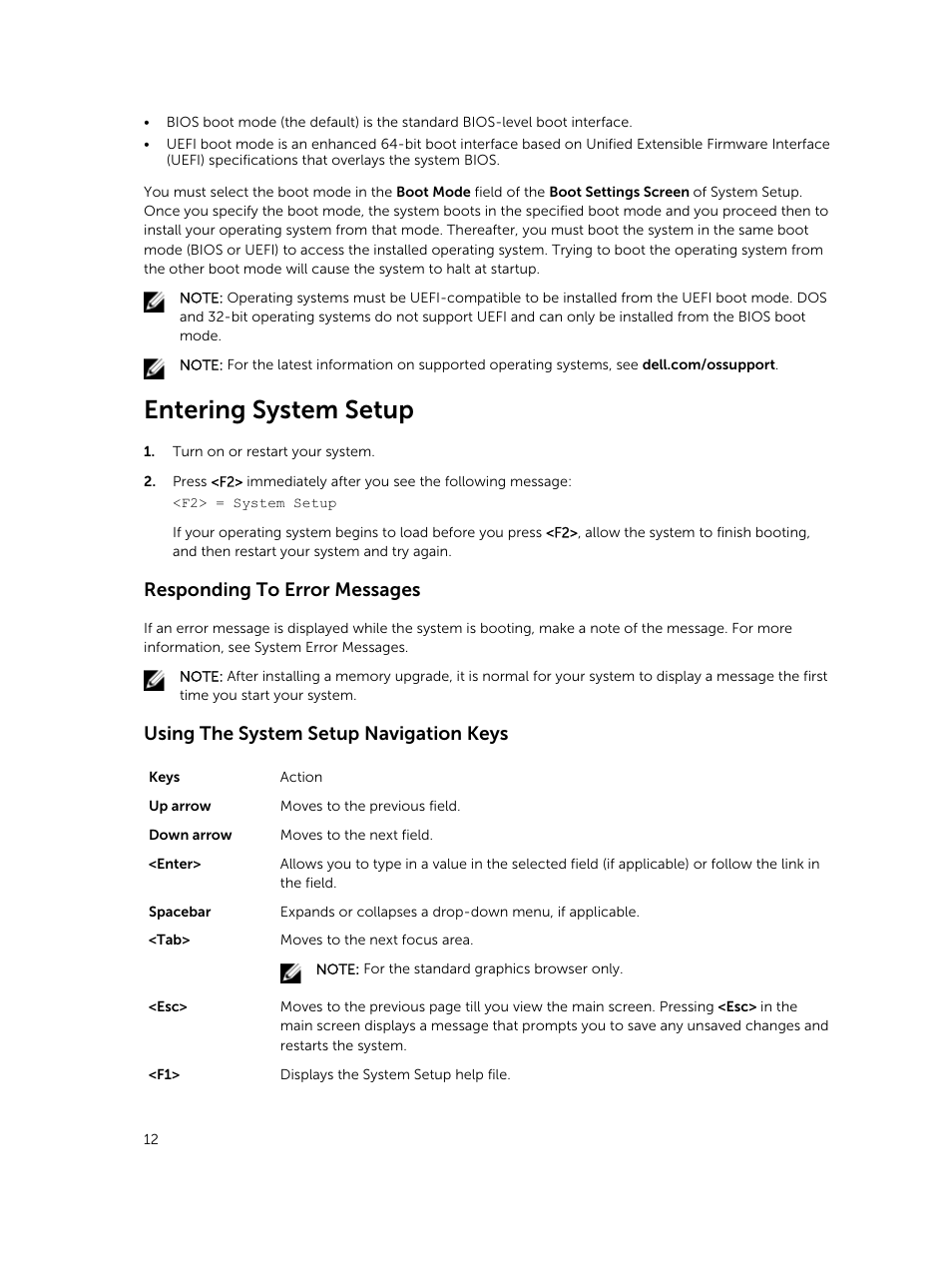 Entering system setup, Responding to error messages, Using the system setup navigation keys | Dell PowerEdge VRTX User Manual | Page 12 / 159