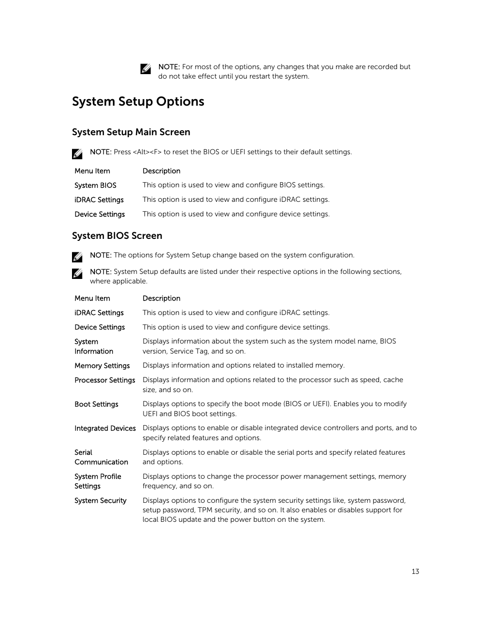 System setup options, System setup main screen, System bios screen | Dell PowerEdge VRTX User Manual | Page 13 / 159