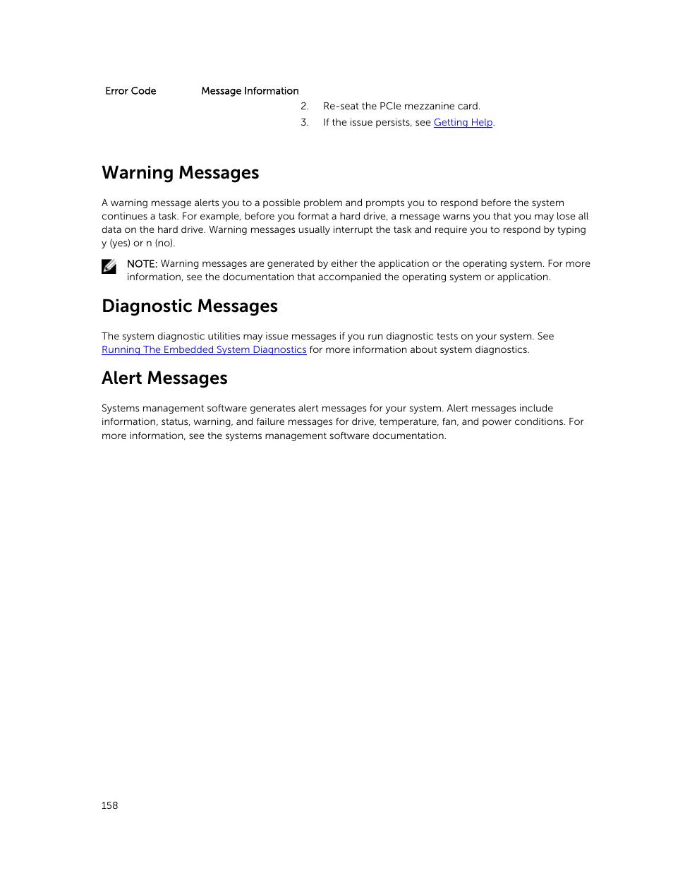 Warning messages, Diagnostic messages, Alert messages | Dell PowerEdge VRTX User Manual | Page 158 / 159
