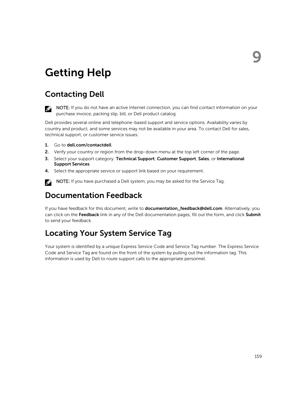 Getting help, Contacting dell, Documentation feedback | Locating your system service tag, 9 getting help, If the problem persists, see, If the issue persists, see, Persists, see, Getting, Help | Dell PowerEdge VRTX User Manual | Page 159 / 159