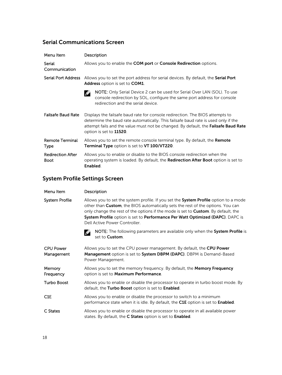 Serial communications screen, System profile settings screen | Dell PowerEdge VRTX User Manual | Page 18 / 159