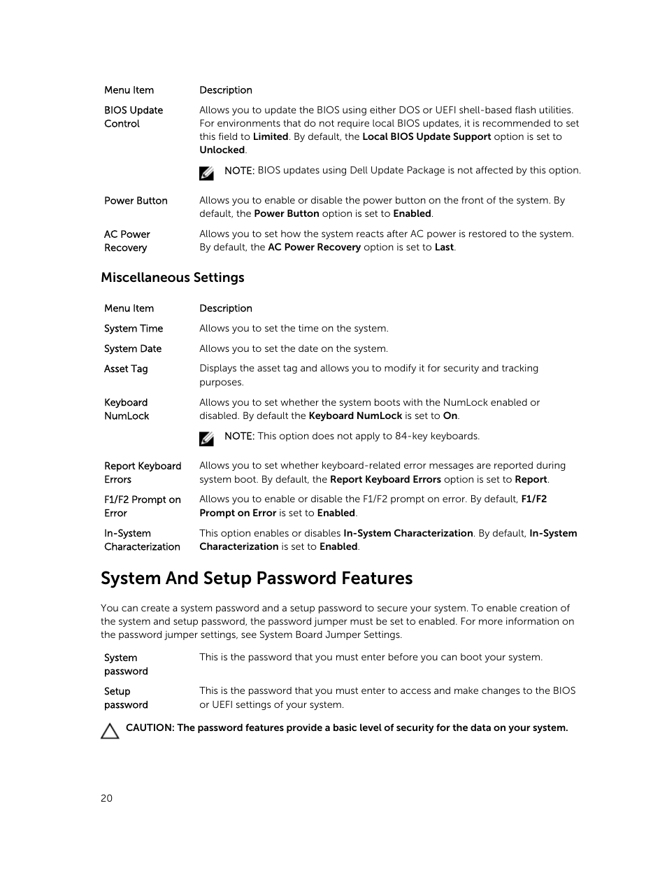 Miscellaneous settings, System and setup password features | Dell PowerEdge VRTX User Manual | Page 20 / 159