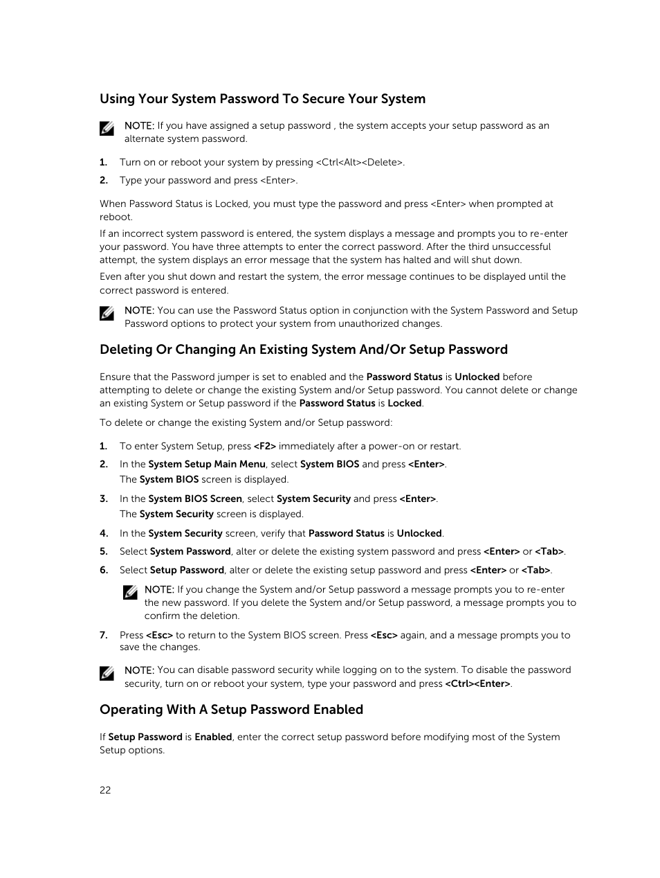 Using your system password to secure your system, Operating with a setup password enabled | Dell PowerEdge VRTX User Manual | Page 22 / 159