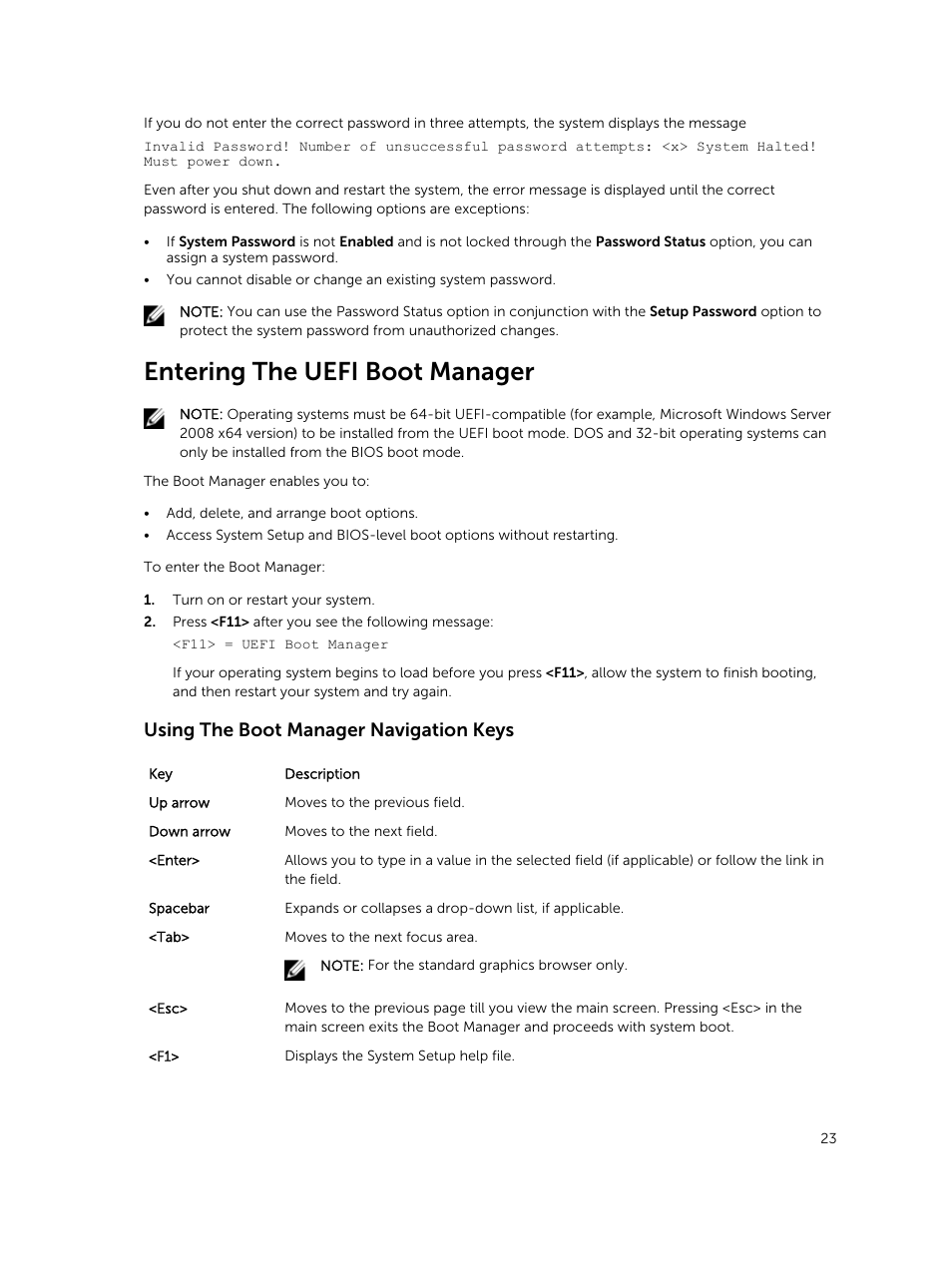 Entering the uefi boot manager, Using the boot manager navigation keys | Dell PowerEdge VRTX User Manual | Page 23 / 159