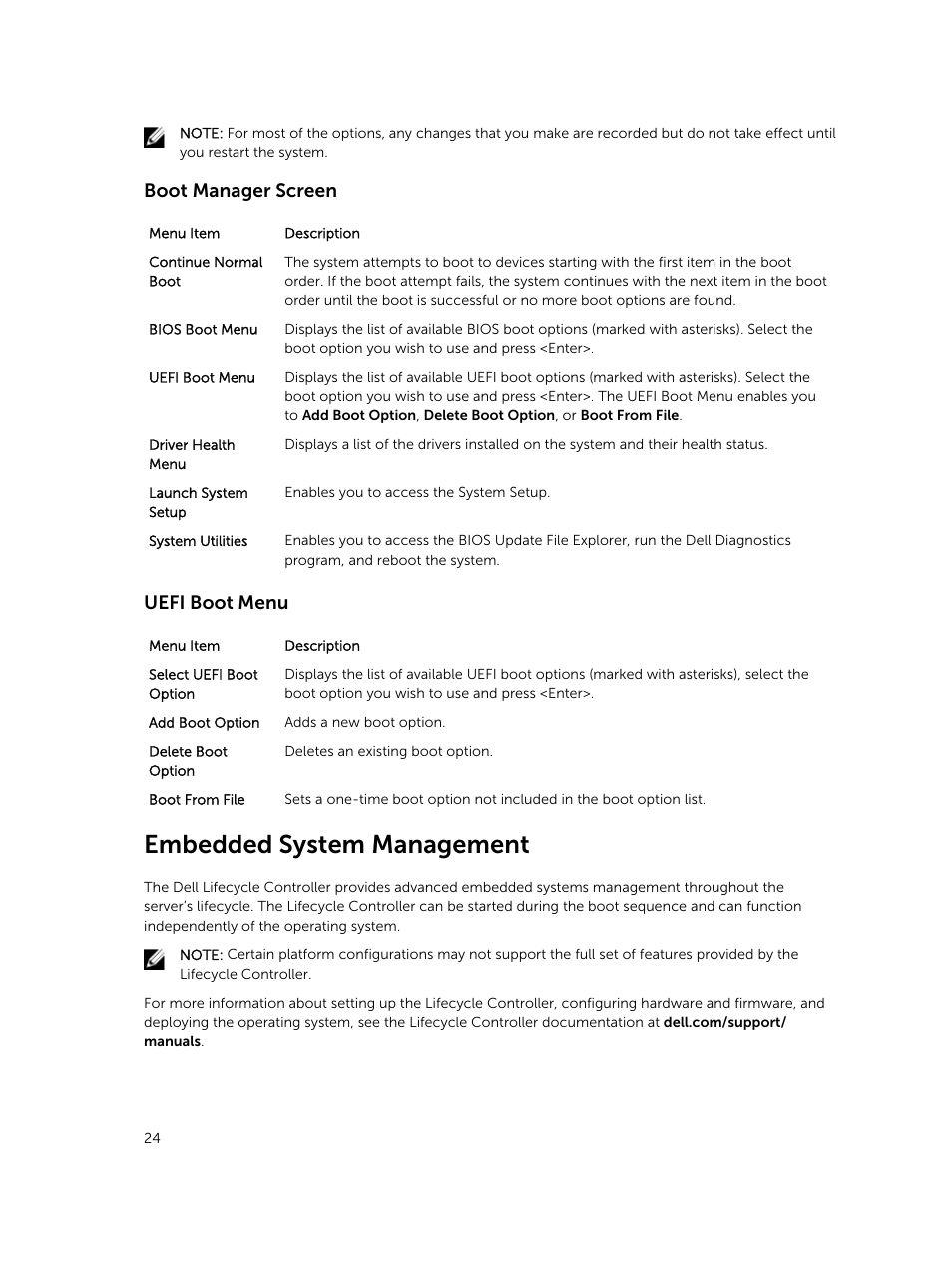 Boot manager screen, Uefi boot menu, Embedded system management | Dell PowerEdge VRTX User Manual | Page 24 / 159