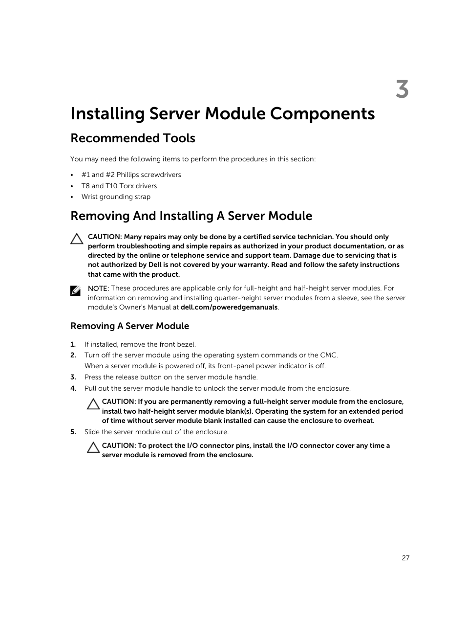 Installing server module components, Recommended tools, Removing and installing a server module | Removing a server module, 3 installing server module components | Dell PowerEdge VRTX User Manual | Page 27 / 159