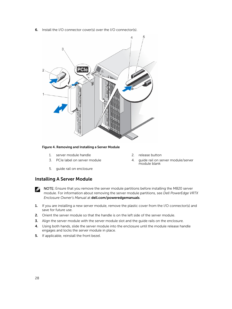Installing a server module | Dell PowerEdge VRTX User Manual | Page 28 / 159
