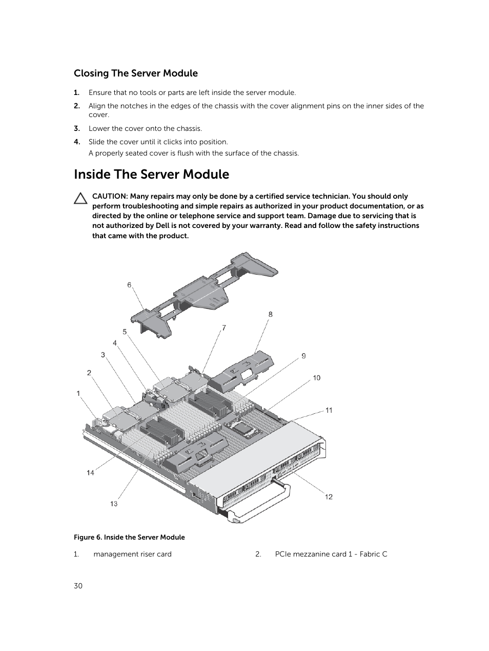Closing the server module, Inside the server module | Dell PowerEdge VRTX User Manual | Page 30 / 159