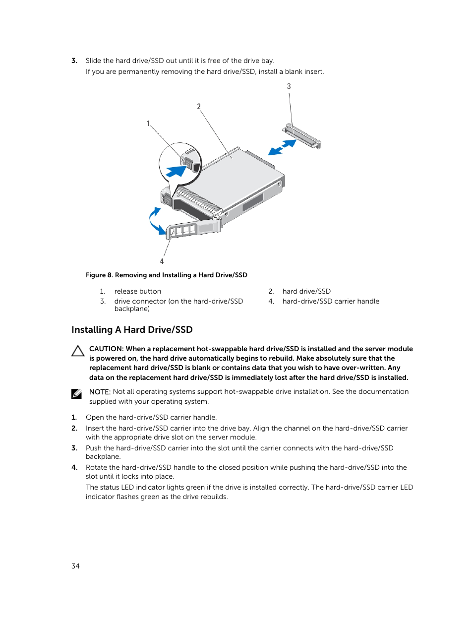 Installing a hard drive/ssd | Dell PowerEdge VRTX User Manual | Page 34 / 159