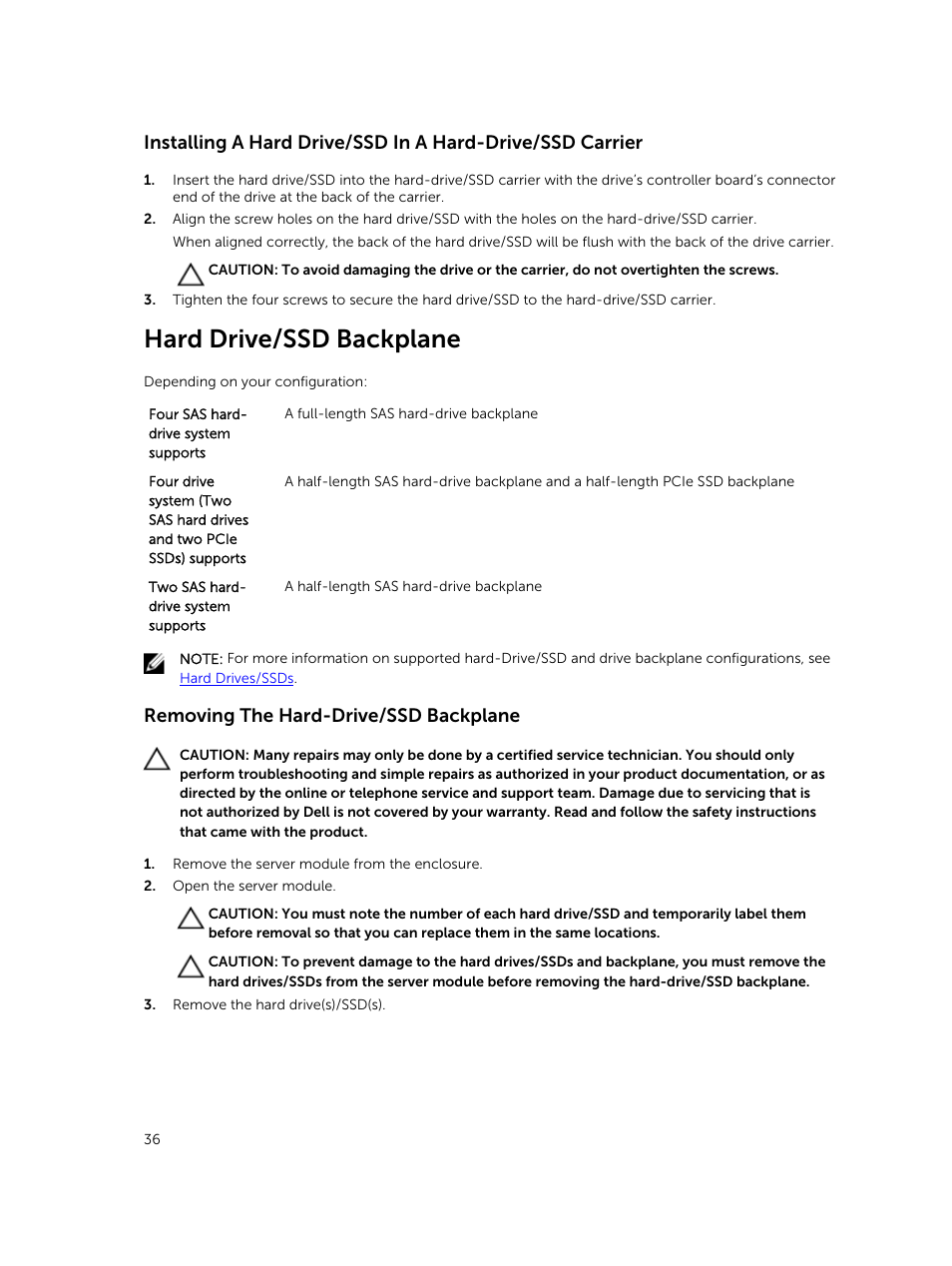 Hard drive/ssd backplane, Removing the hard-drive/ssd backplane | Dell PowerEdge VRTX User Manual | Page 36 / 159