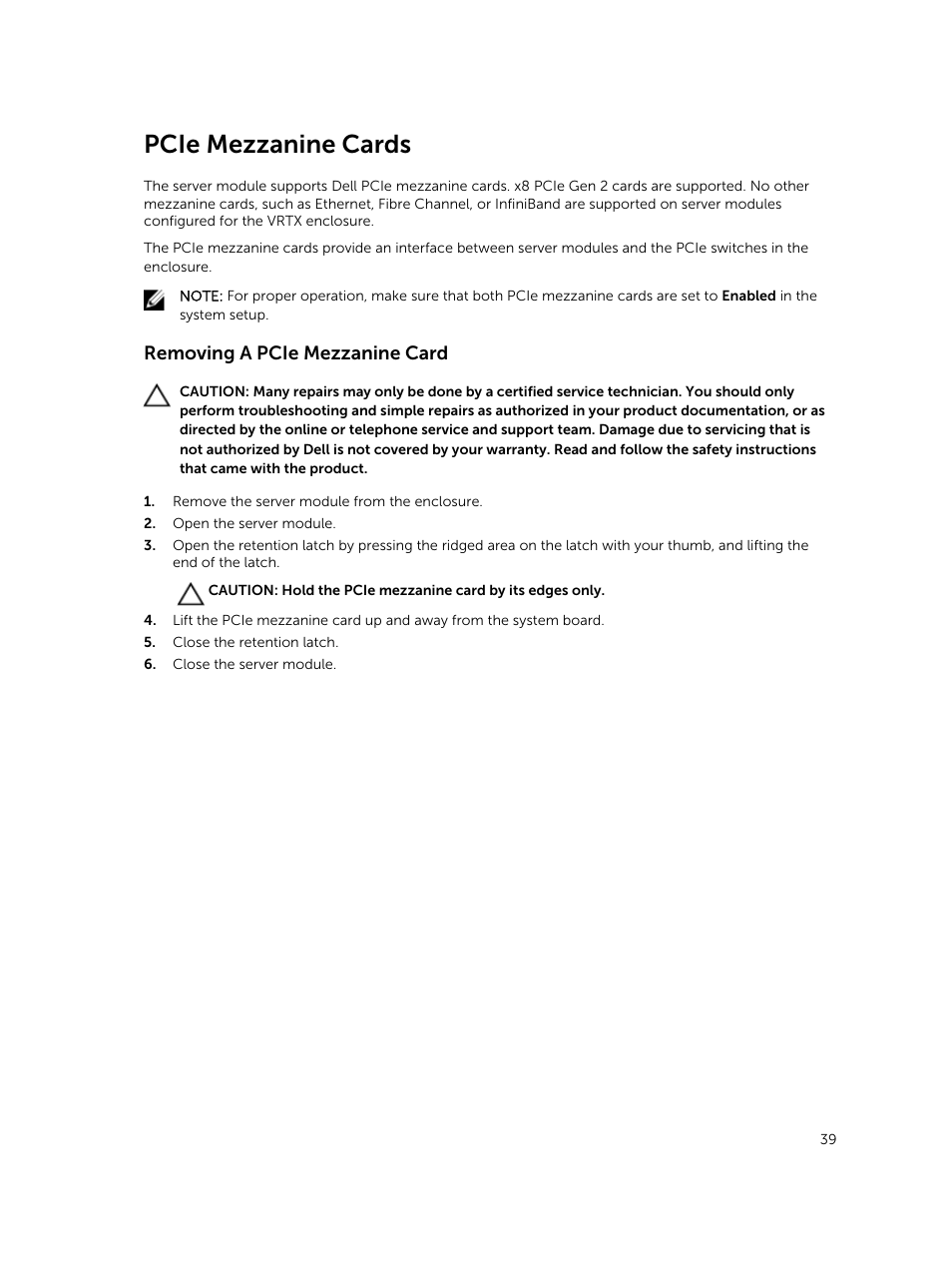 Pcie mezzanine cards, Removing a pcie mezzanine card | Dell PowerEdge VRTX User Manual | Page 39 / 159
