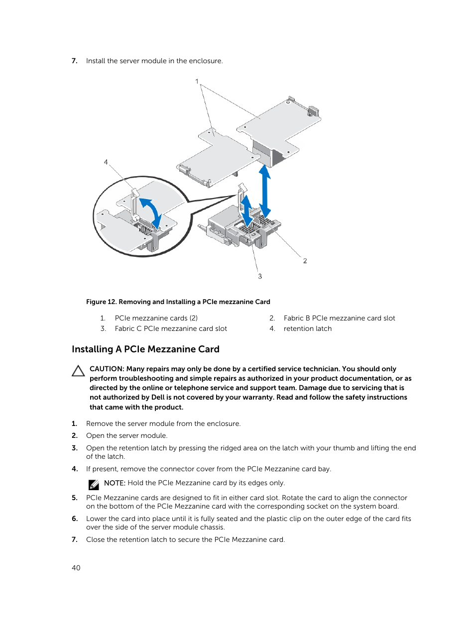 Installing a pcie mezzanine card | Dell PowerEdge VRTX User Manual | Page 40 / 159