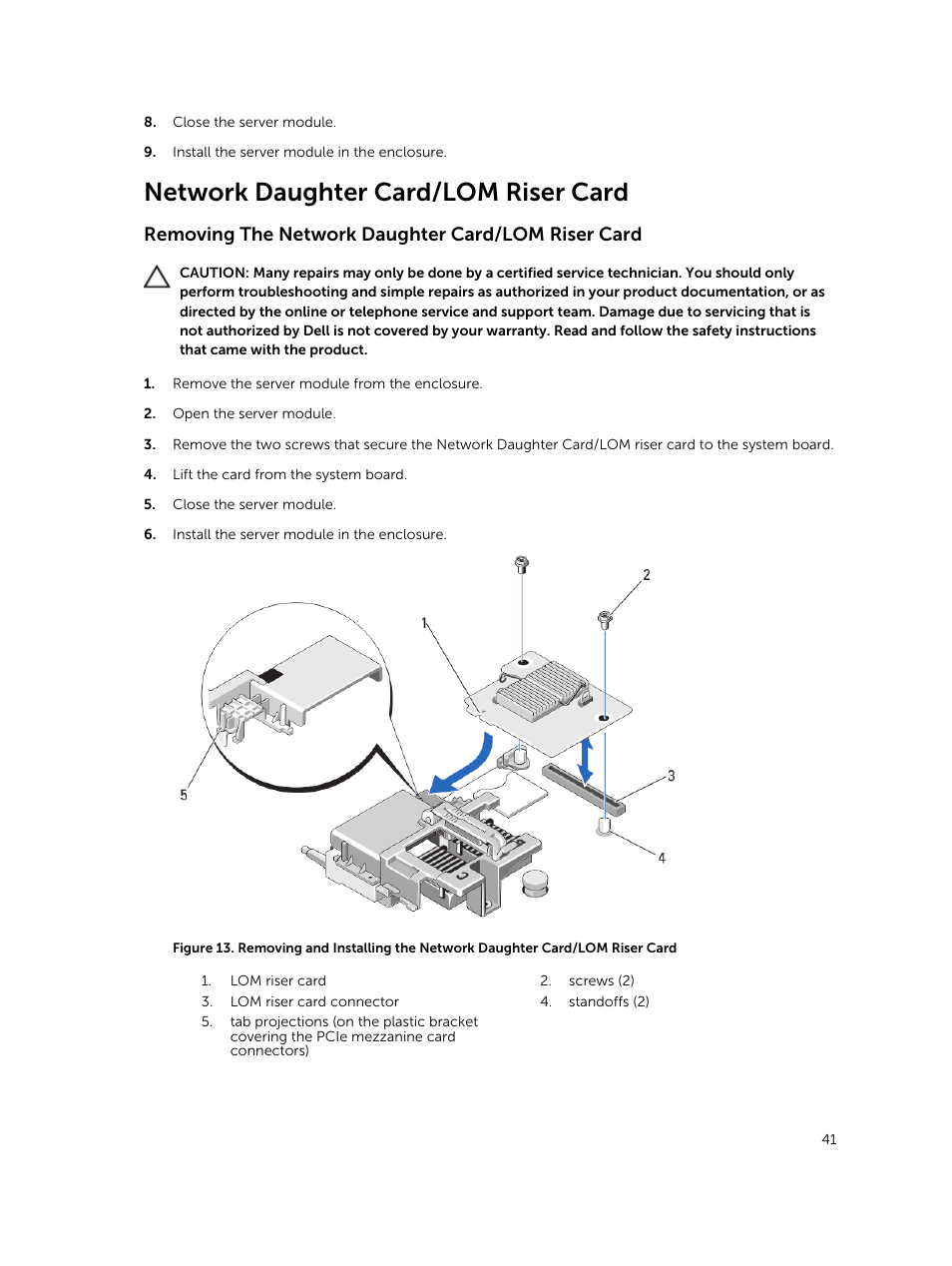 Network daughter card/lom riser card, Removing the network daughter card/lom riser card | Dell PowerEdge VRTX User Manual | Page 41 / 159