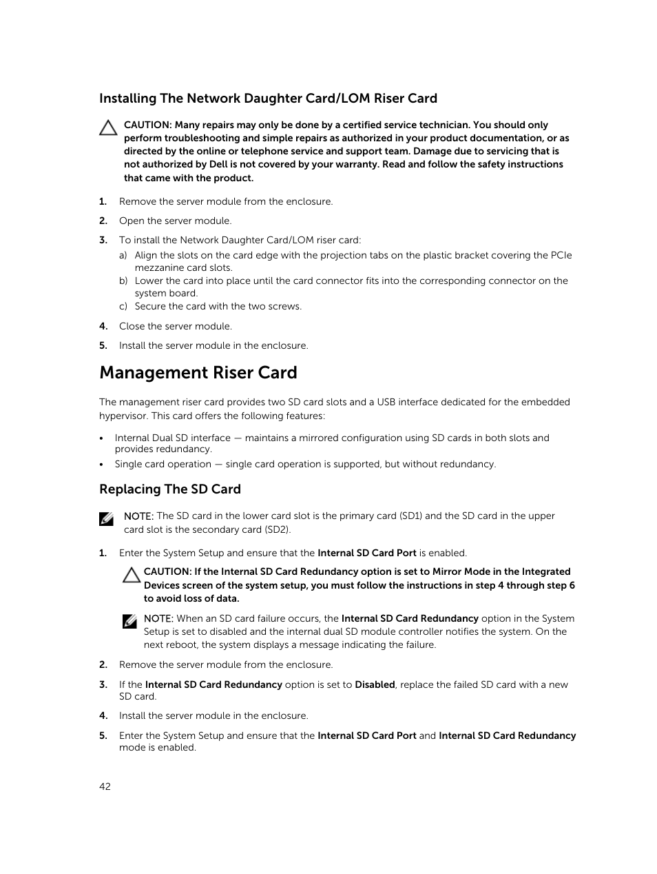 Management riser card, Replacing the sd card | Dell PowerEdge VRTX User Manual | Page 42 / 159