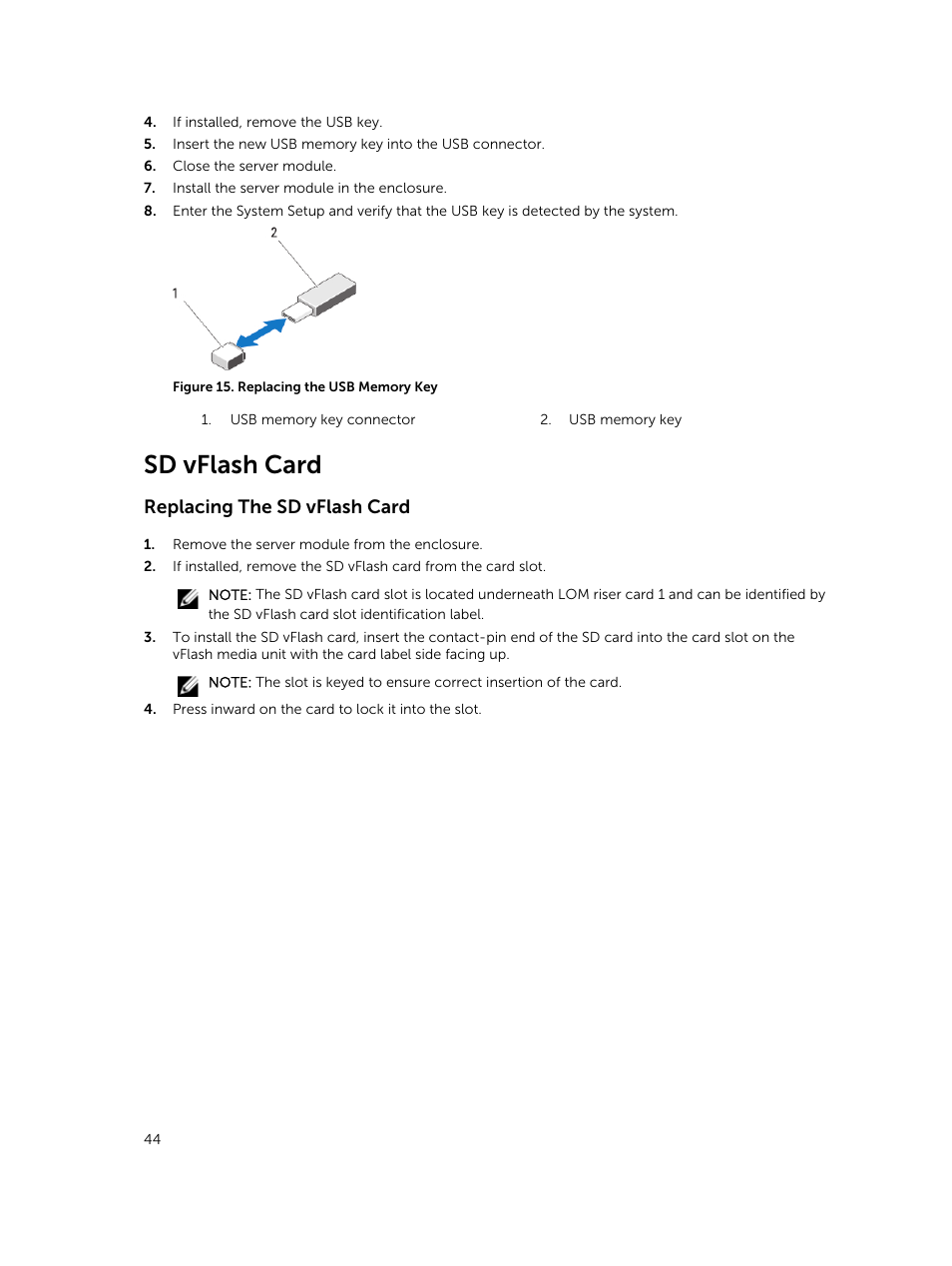 Sd vflash card, Replacing the sd vflash card | Dell PowerEdge VRTX User Manual | Page 44 / 159