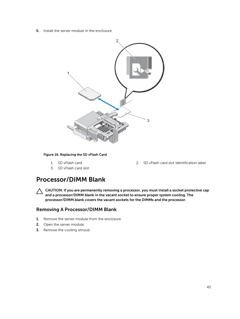 Processor/dimm blank, Removing a processor/dimm blank | Dell PowerEdge VRTX User Manual | Page 45 / 159