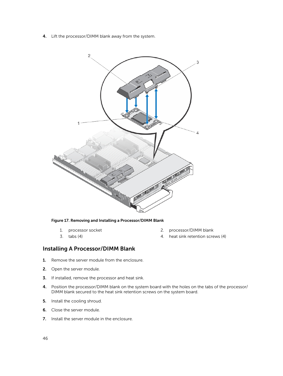 Installing a processor/dimm blank | Dell PowerEdge VRTX User Manual | Page 46 / 159