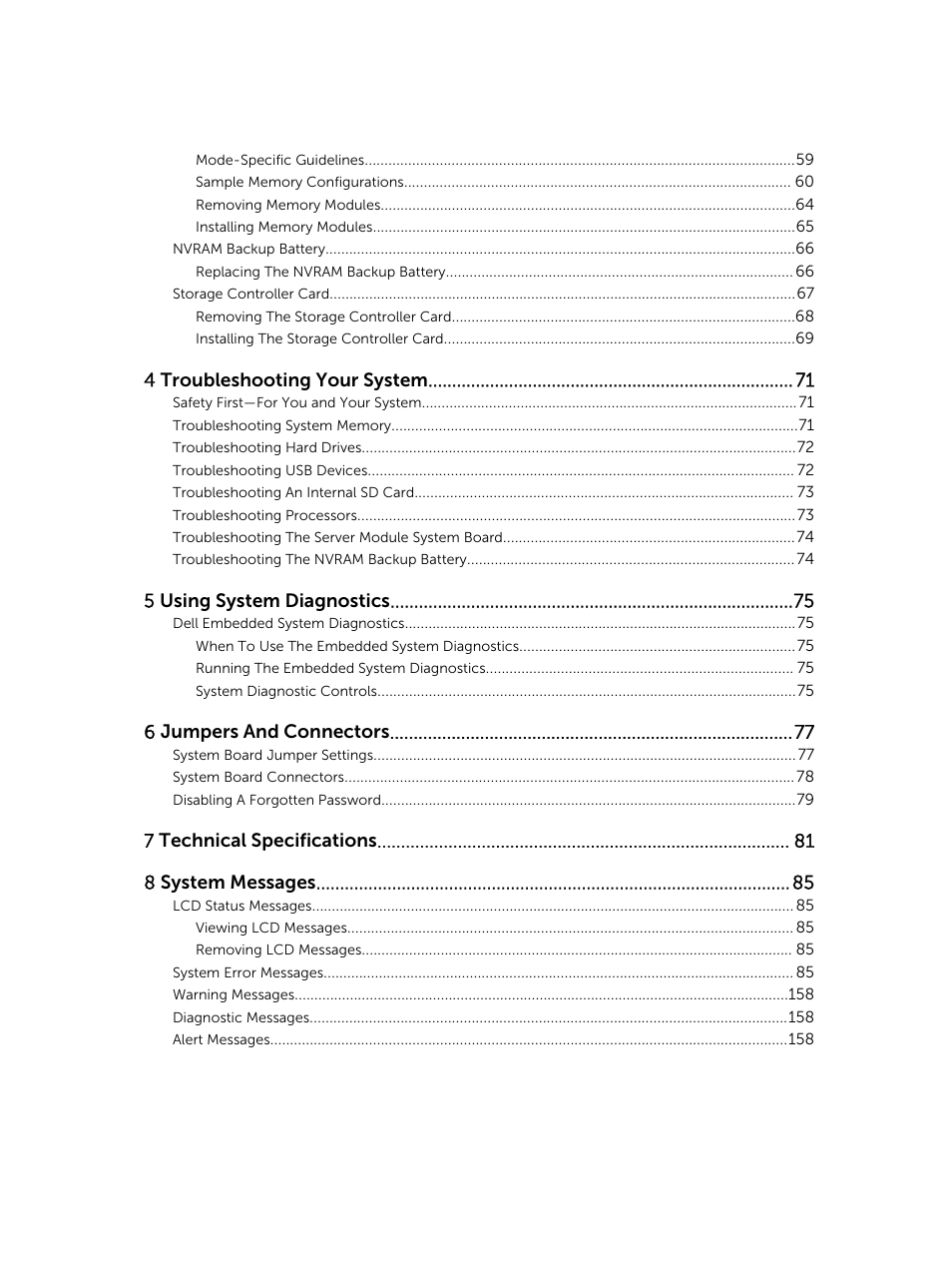 4 troubleshooting your system, 5 using system diagnostics, 6 jumpers and connectors | 7 technical specifications 8 system messages | Dell PowerEdge VRTX User Manual | Page 5 / 159