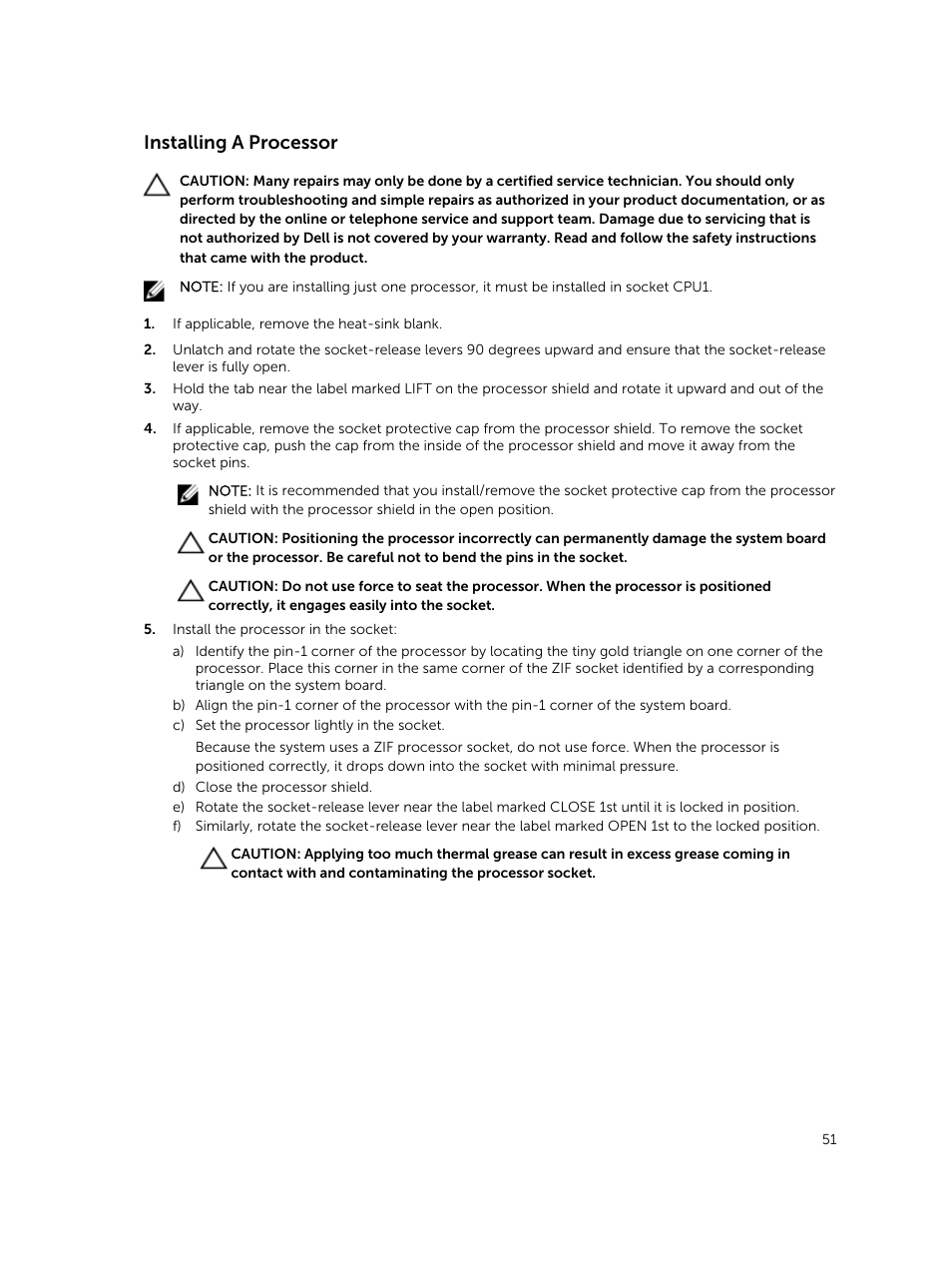 Installing a processor | Dell PowerEdge VRTX User Manual | Page 51 / 159