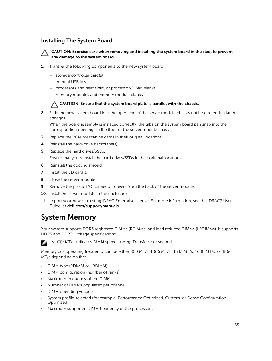 Installing the system board, System memory | Dell PowerEdge VRTX User Manual | Page 55 / 159
