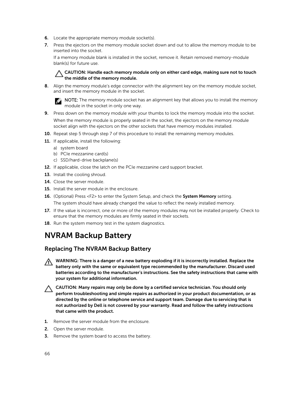 Nvram backup battery, Replacing the nvram backup battery | Dell PowerEdge VRTX User Manual | Page 66 / 159