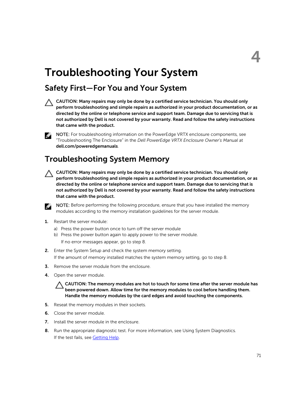 Troubleshooting your system, Safety first—for you and your system, Troubleshooting system memory | 4 troubleshooting your system | Dell PowerEdge VRTX User Manual | Page 71 / 159