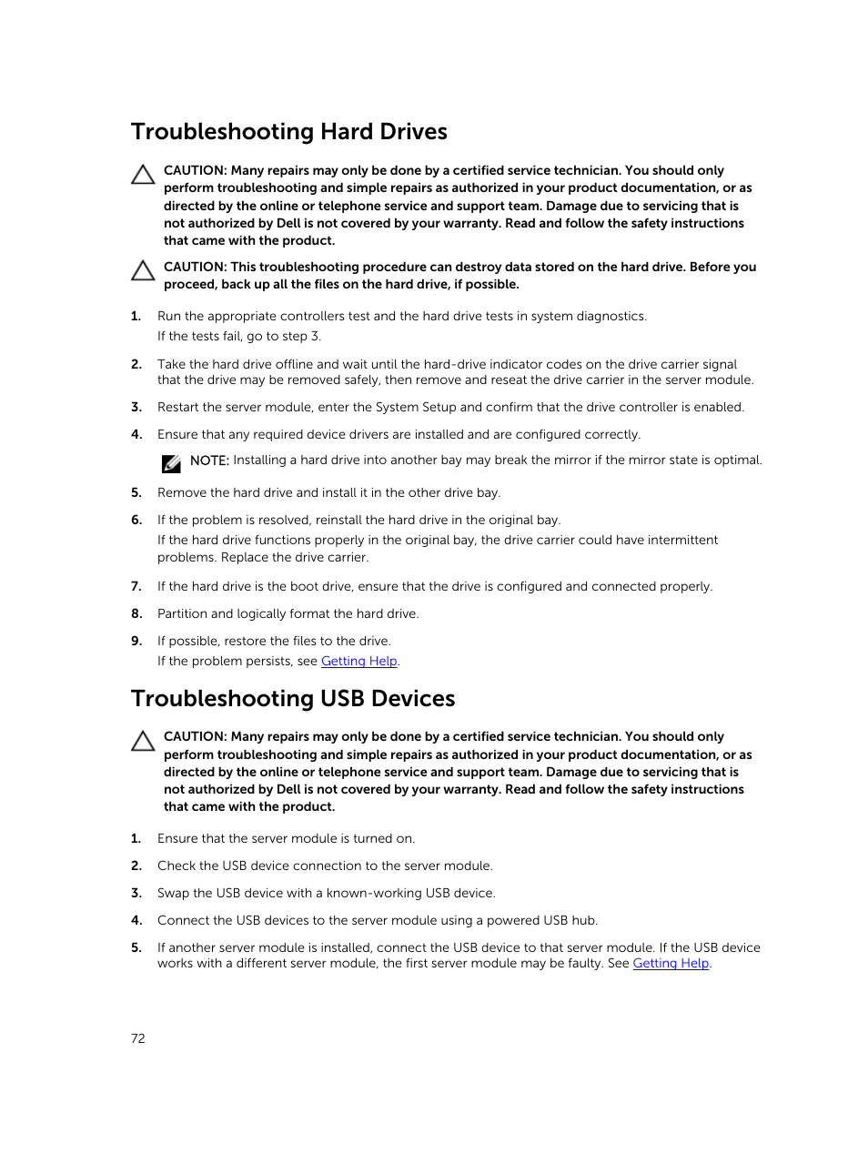Troubleshooting hard drives, Troubleshooting usb devices | Dell PowerEdge VRTX User Manual | Page 72 / 159