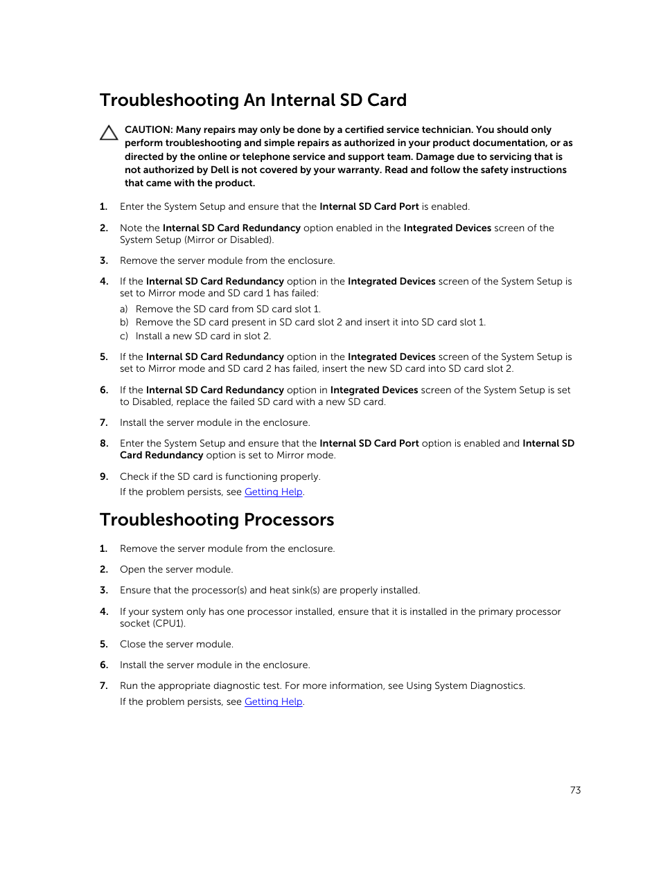 Troubleshooting an internal sd card, Troubleshooting processors | Dell PowerEdge VRTX User Manual | Page 73 / 159