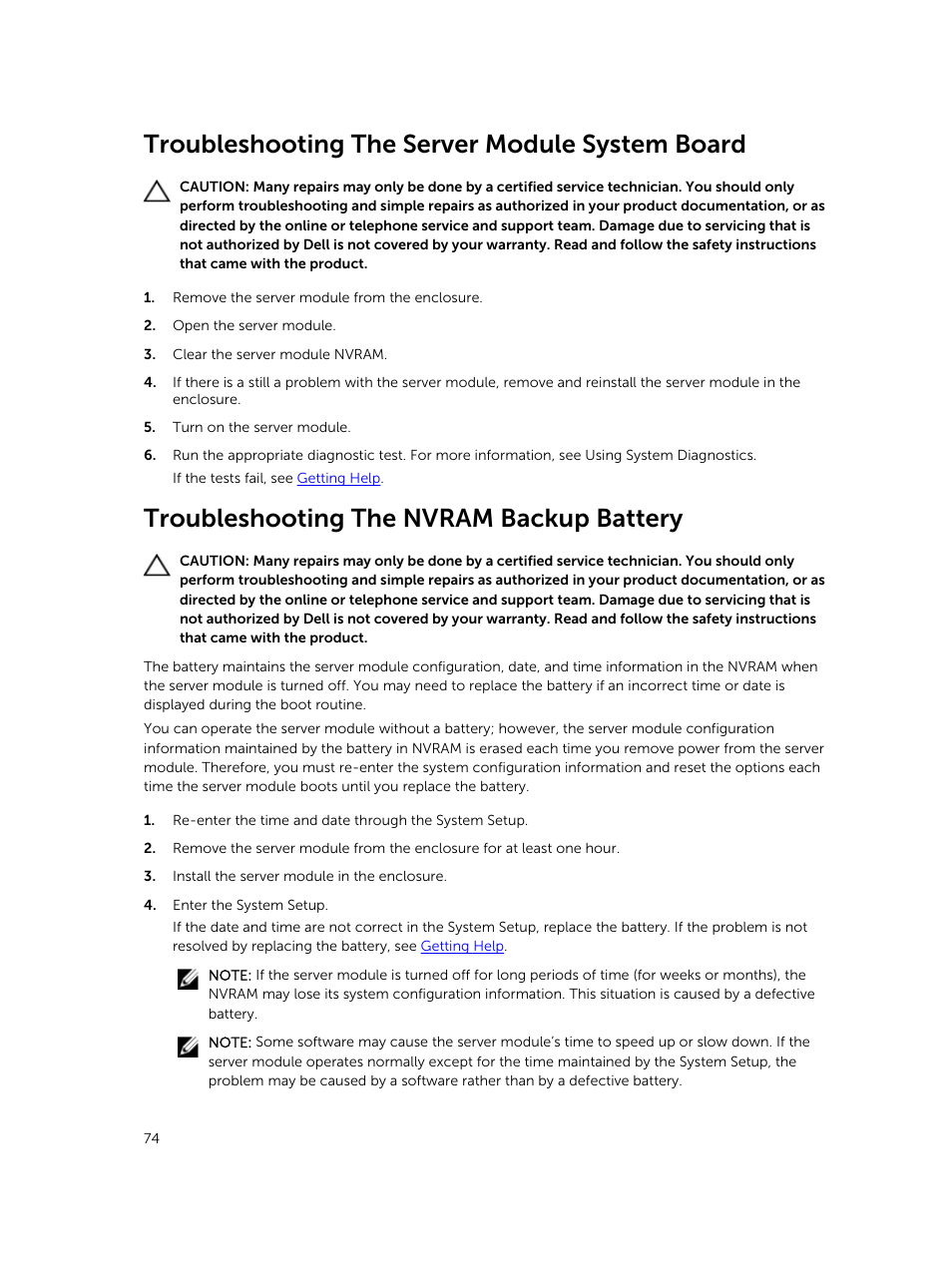 Troubleshooting the server module system board, Troubleshooting the nvram backup battery | Dell PowerEdge VRTX User Manual | Page 74 / 159