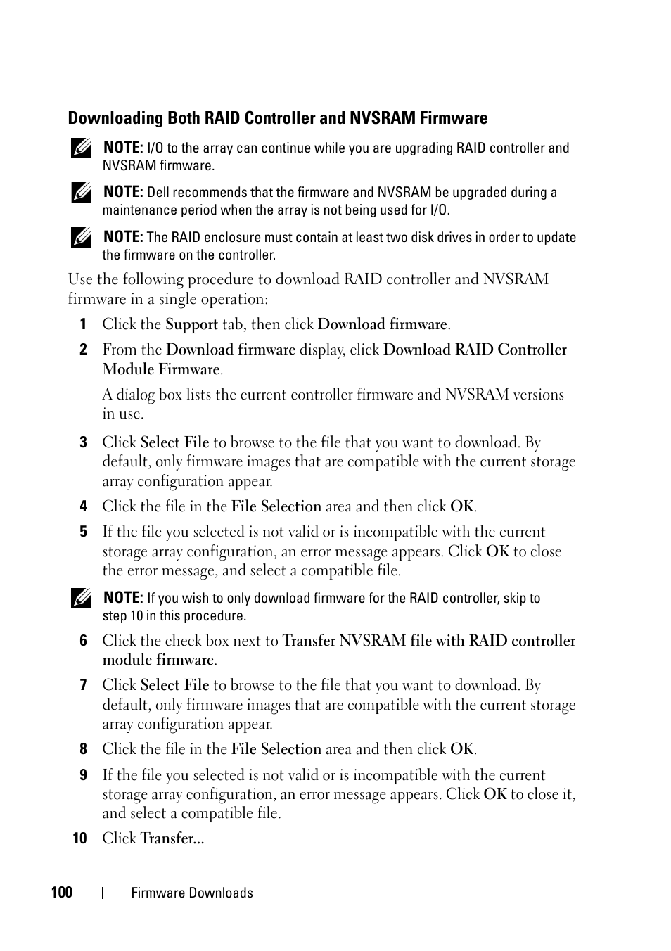 Downloading both raid controller and, Nvsram firmware | Dell PowerVault MD3000 User Manual | Page 100 / 120