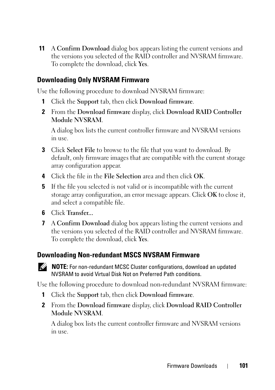 Downloading only nvsram firmware, Downloading non-redundant mscs nvsram firmware, Downloading non-redundant mscs | Nvsram firmware | Dell PowerVault MD3000 User Manual | Page 101 / 120