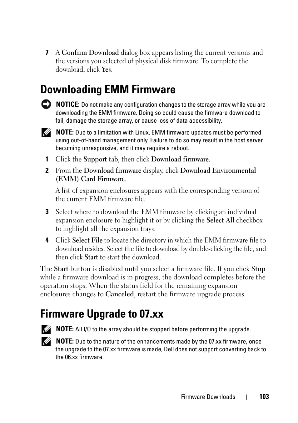 Downloading emm firmware, Firmware upgrade to 07.xx | Dell PowerVault MD3000 User Manual | Page 103 / 120