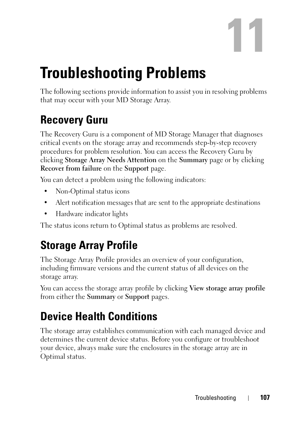 Troubleshooting problems, Recovery guru, Storage array profile | Device health conditions | Dell PowerVault MD3000 User Manual | Page 107 / 120