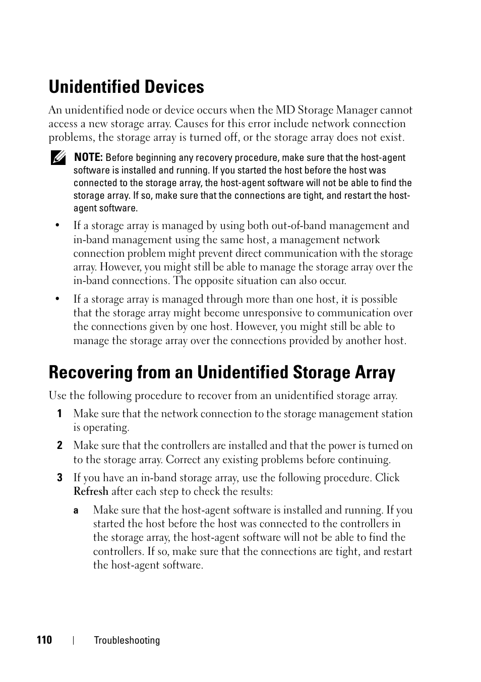 Unidentified devices, Recovering from an unidentified storage array | Dell PowerVault MD3000 User Manual | Page 110 / 120