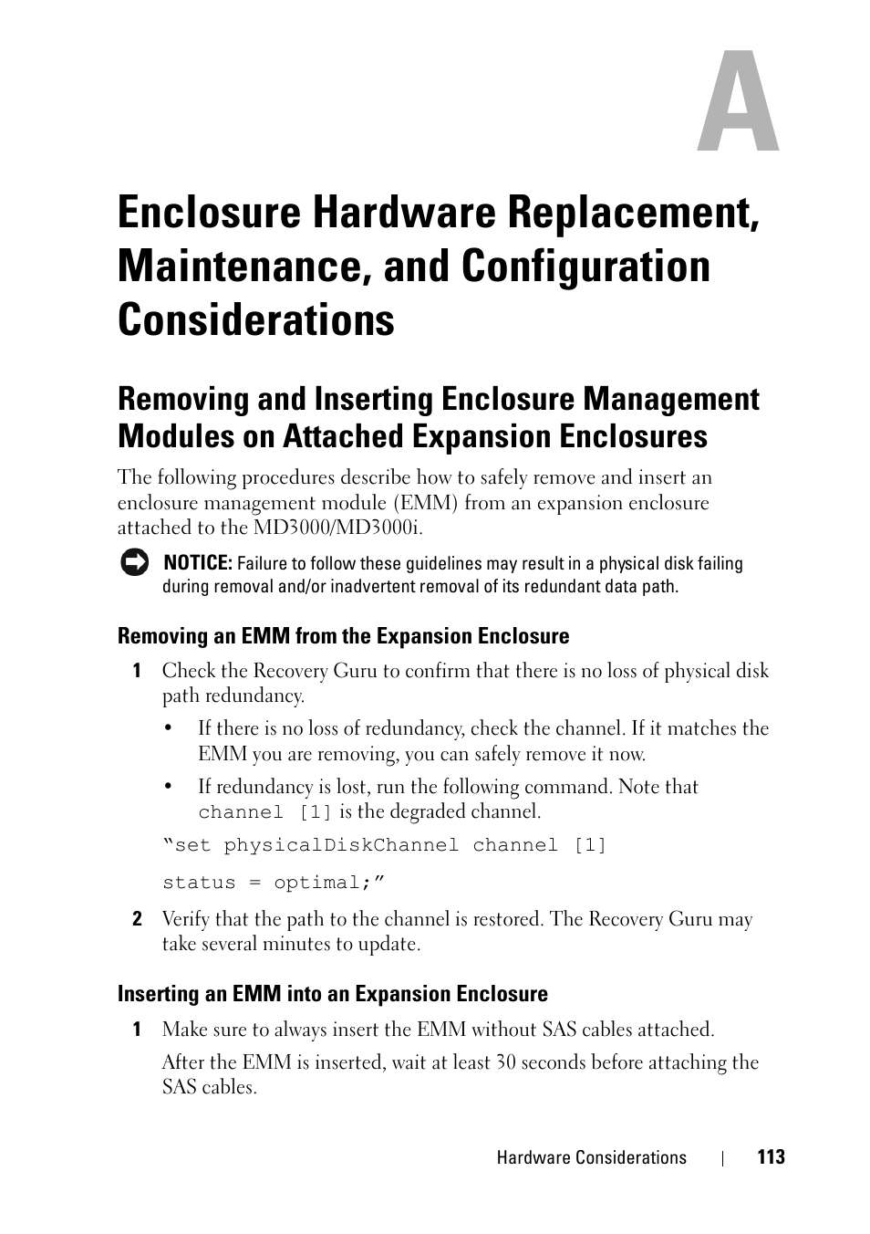 Removing an emm from the expansion enclosure, Inserting an emm into an expansion enclosure, Enclosure hardware replacement | Maintenance, and configuration, Considerations, Removing an emm from the expansion, Enclosure, Inserting an emm into an expansion | Dell PowerVault MD3000 User Manual | Page 113 / 120