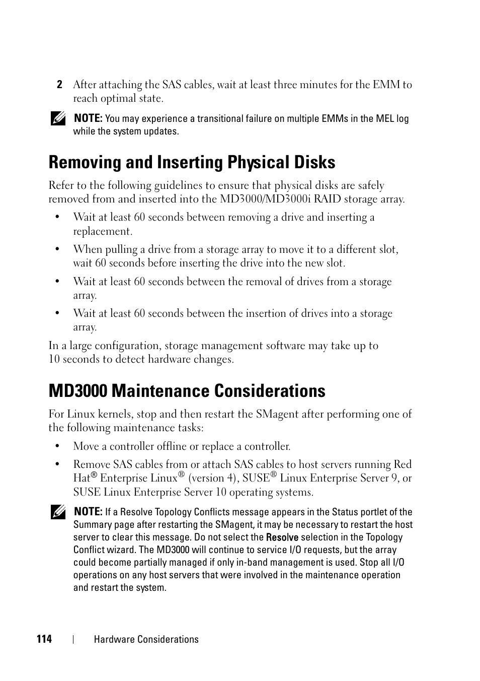 Removing and inserting physical disks, Md3000 maintenance considerations | Dell PowerVault MD3000 User Manual | Page 114 / 120