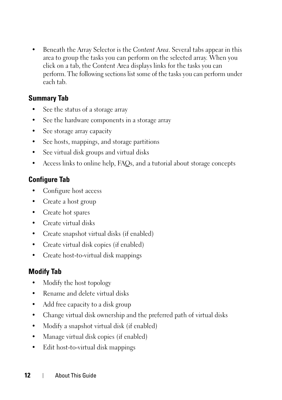 Summary tab, Configure tab, Modify tab | Dell PowerVault MD3000 User Manual | Page 12 / 120