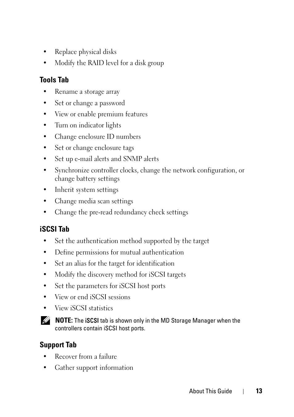 Tools tab, Iscsi tab, Support tab | Dell PowerVault MD3000 User Manual | Page 13 / 120