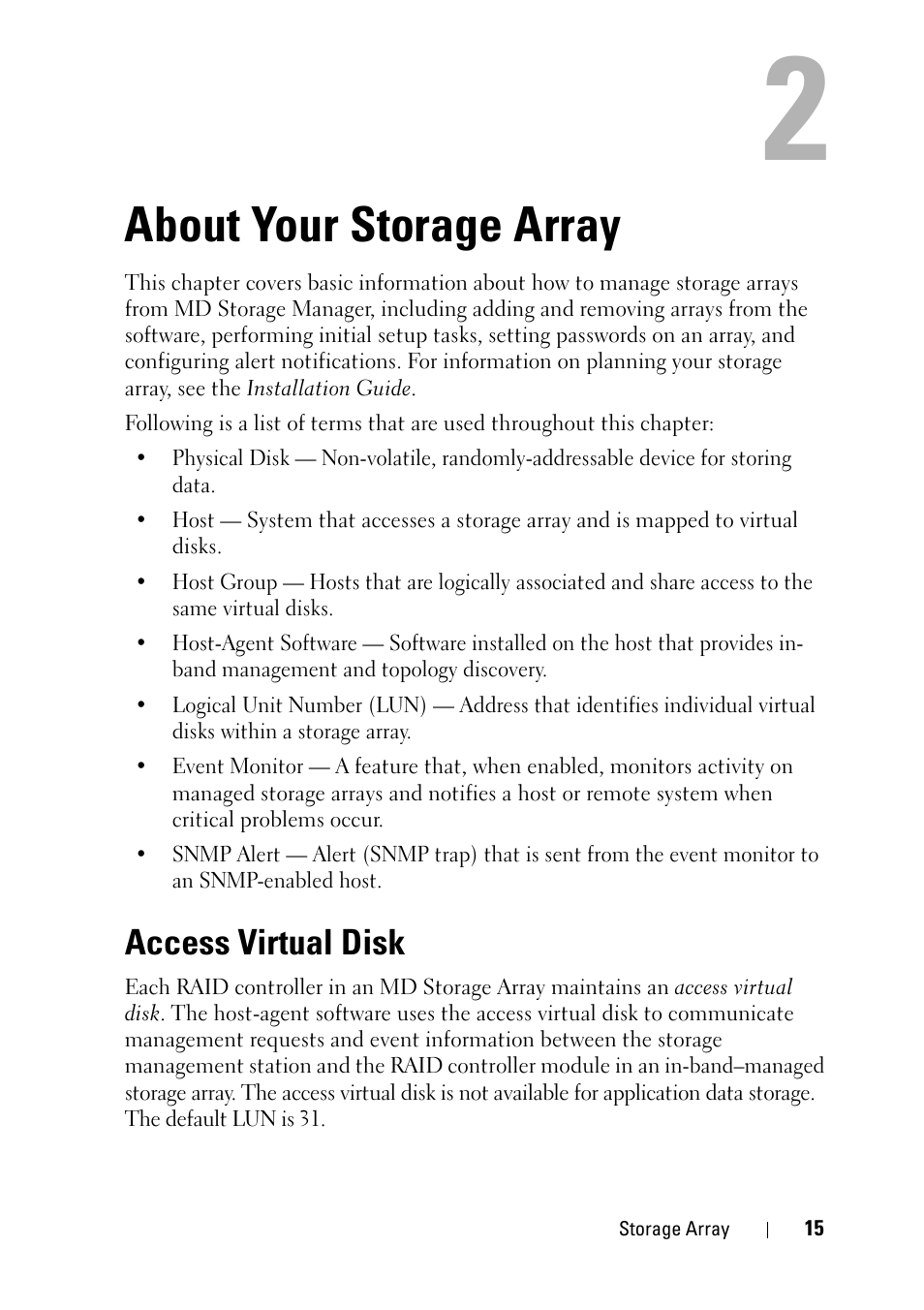 About your storage array, Access virtual disk | Dell PowerVault MD3000 User Manual | Page 15 / 120